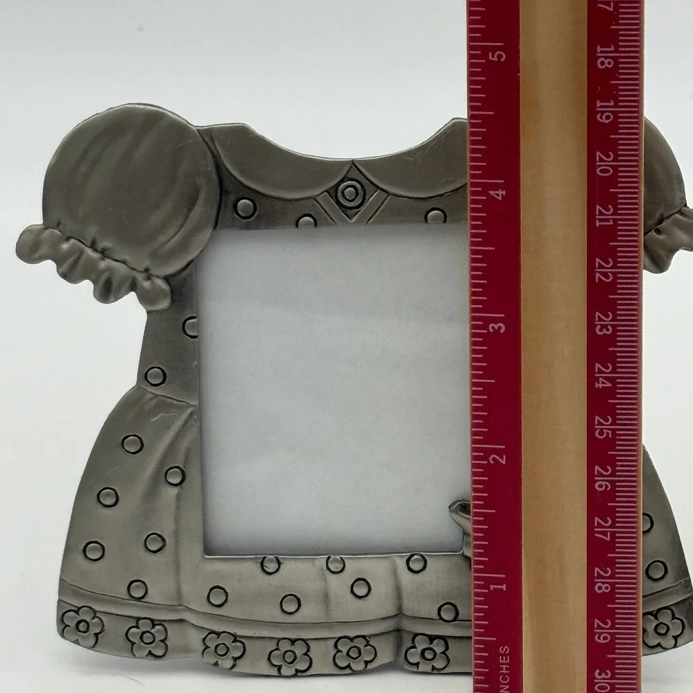 Vintage Pewter Silver Baby Girl Dress Picture Frame Polka Dot Bow Nursery Decor